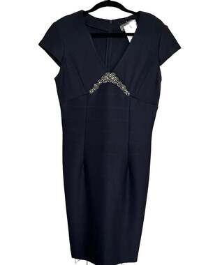 Alex Evenings Navy Blue Beaded V-Neck Bandage Sheath Dress Size 10